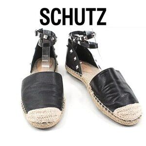 Schutz Koralina Black Leather Studded Espadrille Flats Ankle Wrap Straps SZ 8
